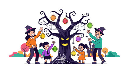 Spooky Halloween Fun with the Family: A family joyfully decorates a ghoulish tree with colorful lanterns, capturing the spirit of Halloween with festive cheer and spooky charm. 