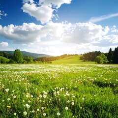 A vast meadow blanketed in dandelions under a vibrant blue sky