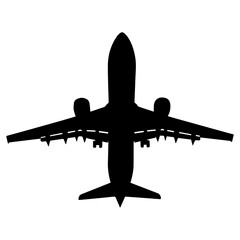 Black silhouette of a passenger airplane isolated on white background, minimal vector design symbolizing travel, aviation, transportation, air flight, tourism, business trip, and global connectivity.