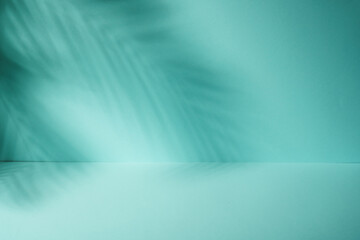 Blue background with palm shadows.