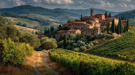 Picturesque Tuscan Village Surrounded by Vineyards and Rolling Green Hills in Italy