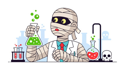 Mummy Scientist's Experiment: A mummy scientist conducts a scientific experiment in a laboratory, with test tubes and beakers filled with colorful chemicals. © mahmuda428