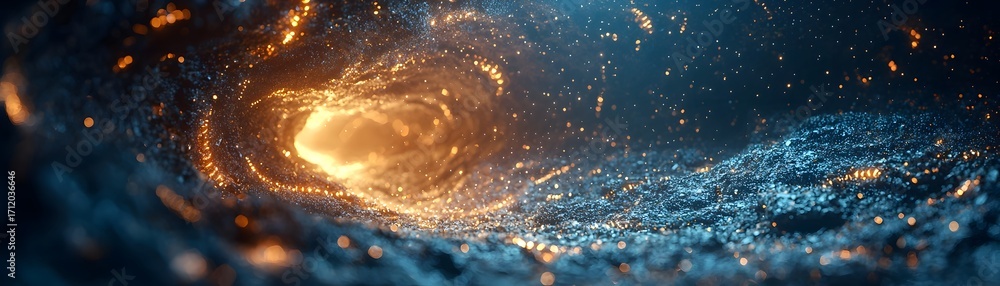 Poster a vibrant cosmic vortex of glowing orange particles swirls through a dark blue nebula creating a dyn