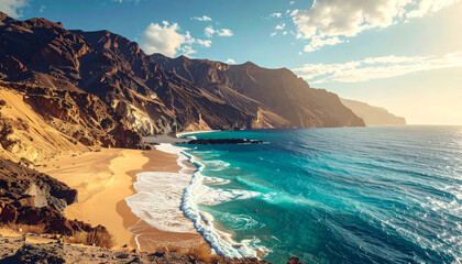 Realistic photography, advertising style. Wide shot of a wild beach with volcanic high fidelity 3