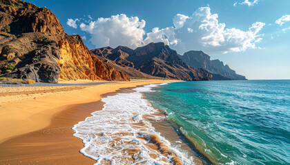 Realistic photography, advertising style. Wide shot of a wild beach with volcanic high fidelity 4