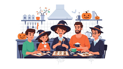 Halloween Baking: A cozy family scene unfolds as they gather around a kitchen table, immersed in the creative process of making Halloween treats, adorned in witch hats.