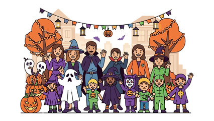 Spooktacular Gathering: A vibrant gathering of children and adults dressed in Halloween costumes, framed against a festive backdrop of autumn decorations.
