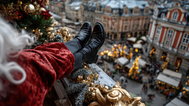 Santa's Balcony Rest: An unconventional view reveals the relaxed moment of Santa, feet up on a balcony overlooking a vibrant Christmas market. Capturing holiday magic and festive cheer.