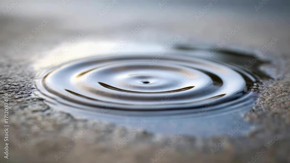 Poster water droplet falling into shallow puddle, generating expanding concentric ripples across smooth sur