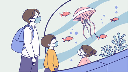 Family watching jellyfish and fish in an aquarium wearing face masks.