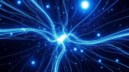 A vibrant network of glowing blue light trails and particles emanates from a central bright point, suggesting energy flow and complex connections - Powered by Adobe