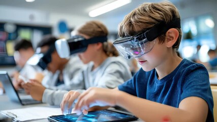 Schoolchildren using VR headsets and tablets in a modern classroom, exploring digital learning and virtual education - Powered by Adobe
