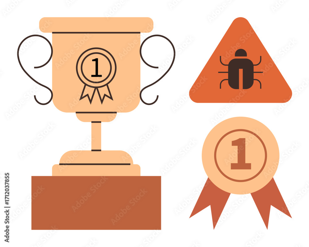 Aufkleber gold trophy with ribbon, award badge displaying number one, and triangular bug warning sign. ideal f