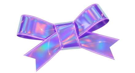 Vibrant Holographic Iridescent Purple Gift Bow 3D Render isolated PNG with Transparent Background