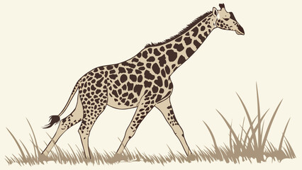 Giraffe walking in tall grass African wildlife illustration animal vector art safari design element.