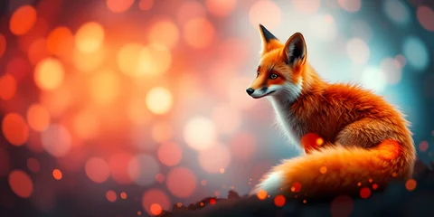 Sierkussen Meisjeskamer orange and red abstract bokeh background inspired by mystical foxes, surrounded by glowing tails and shimmering sparkles.  © Qrryferry