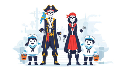 Spooky Pirate Family: A cartoon depiction of a pirate family, complete with skeletal figures and dressed in playful costumes for Halloween. Embrace the spirit of a swashbuckling holiday.