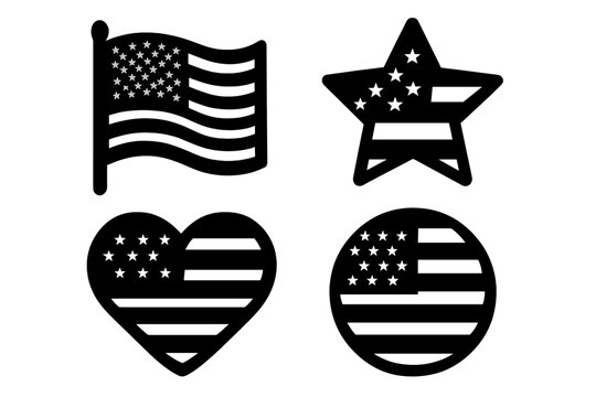 American flag icon set. USA national symbol collection. Patriotic heart, star, and circle shapes. United States emblem silhouette vector illustration. Independence Day graphic.
