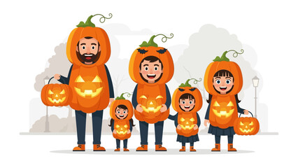 Fototapeta premium Halloween Family Fun: A joyous family embraces the spirit of Halloween, adorned in vibrant pumpkin costumes, ready to celebrate the spooky season with festive cheer. 