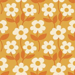 Groovy retro 70s seamless pattern with simple daisy flowers. A nostalgic floral background in warm mustard yellow and orange for a vintage aesthetic.