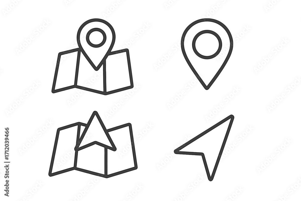 Poster vector icon set with map, location pin, and navigation cursor. outline symbols for gps tracking, rou