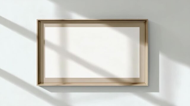 Empty photo frame with beige border hanging on white wall, natural sunlight casting shadows, concept of interior home or gallery decor