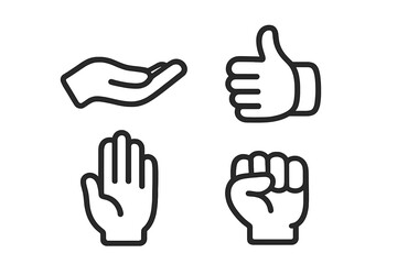 Obraz premium Hand gestures icon set. Linear symbols collection. Vector line art illustration. Thumbs up for like and approval. Stop palm, support fist, and giving open hand signs.
