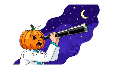 Pumpkin head astronomer: A whimsical character with a pumpkin head peers through a telescope at the night sky, evoking the enchantment of discovery. A scene that celebrates curiosity and exploration.