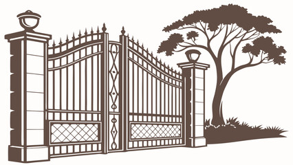 Ornate Metal Gate with Pillars and Tree Illustration Entrance Design Wrought Iron Fence Garden Decor Architectural Detail Estate Gate Elegant Gate Classic Gate Security Gate Vintage Gate.