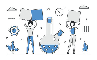 Two scientists holding books and signs surrounded by laboratory glassware, molecules, and plants in a blue monocolor style, science and research concept vector illustration