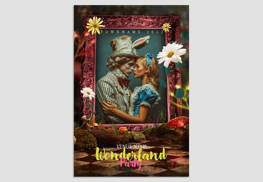 Wonderland Flyer Template with Whimsical Enchanted Forest Theme for Fairytale Garden Party Invitation