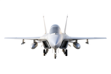 F-15 Front view of a modern fighter jet with landing gear deployed military aircraft airplane isolated on a transparent background