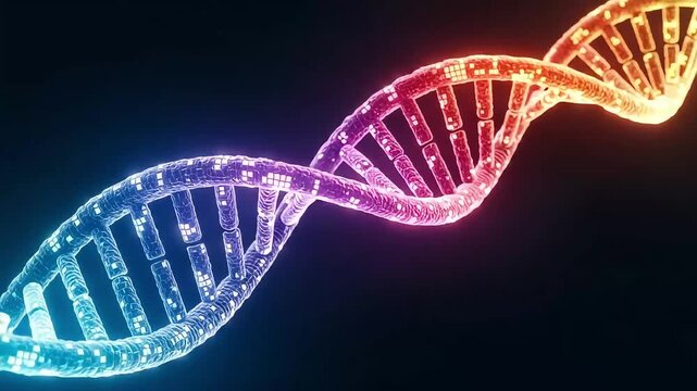 A vibrant, glowing double helix dna strand twists in a dark, futuristic background, representing genetic science and biotechnology