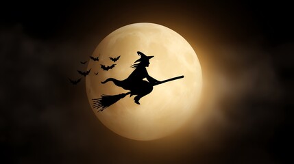 Silhouette of a witch flying on a broomstick in front of a full moon.