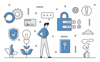 Modern banking security concept with lock, shield, credit card, and key icons, highlighting data protection, privacy, and safe transactions, isolated on white background vector illustration