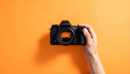 Hand holding a DSLR camera with a lens reflecting a colorful sunset on an orange background, top-down view