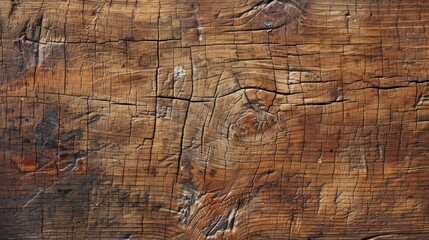 A close up shot of a weathered brown wooden surface with cracks and visible wood grain patterns texture