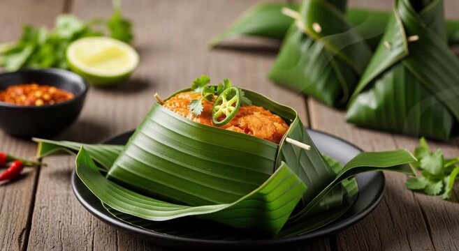 Close up of amok cambodian dish in banana leaf with lime and chili sauce on a wooden surface view