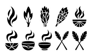 Fototapeta premium “Burning Sage Smudge Stick Silhouette Vector Set – 10 Black Cleansing Ritual Icons, Spiritual Purification Symbols, Sharp Edges, Scalable Illustration”
