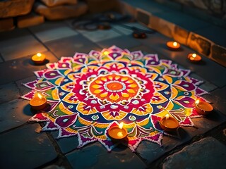 Rangoli design with diyas and flowers