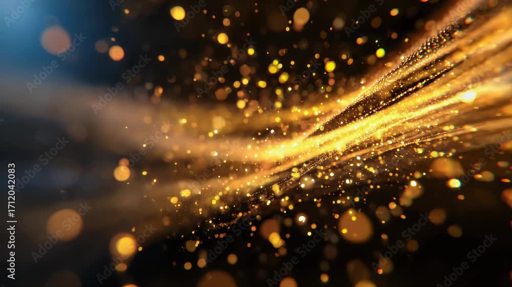 Poster abstract burst of golden glitter particles exploding against a black background