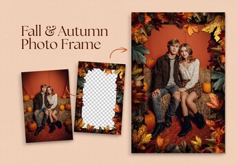 Autumn Photo Frame Template with Fall Leaves Border Overlay for Thanksgiving & Harvest Flyer, Invite