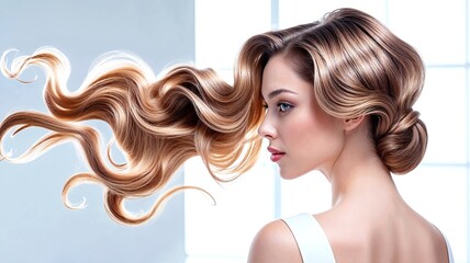 Attractive elegant woman with curly long hair and hair style, perfect for hair care theme