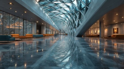 Architectural interior of a modern building with glass ceiling and reflections