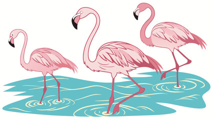 Fototapeta premium Three Pink Flamingos in Shallow Water Tropical Bird Illustration Wildlife Art Nature Design.