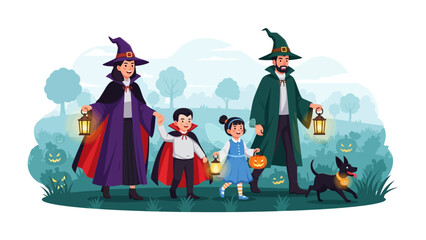 Halloween Family Gathering: An enchanting illustration of a family decked out in playful Halloween attire, strolling through a spooky garden illuminated by glowing lanterns.