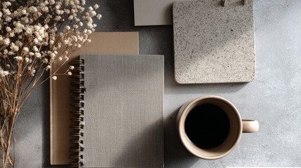 Stylish neutral-toned workspace, notebooks and coffee, natural textures, calm and modern atmosphere