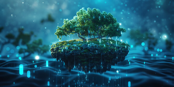 Floating island with lush tree and digital rain descends - Powered by Adobe