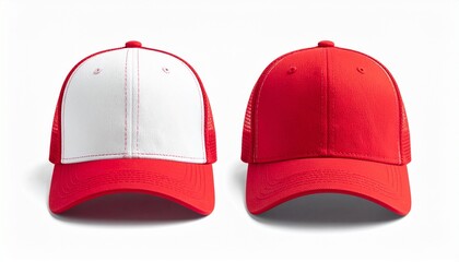 Two hats, one white and red, the other entirely red, are shown against a white background