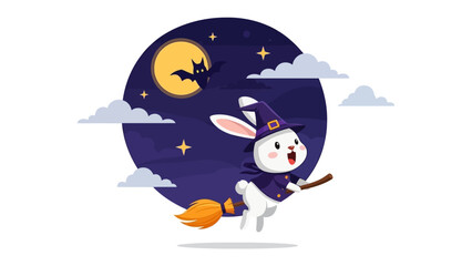 Whimsical Rabbit Witch: A charming illustration of a rabbit dressed as a witch, flying on a broomstick under the enchanting glow of a full moon, evoking a playful and magical Halloween spirit.